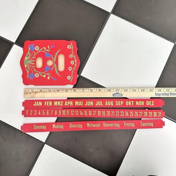 Vintage German Perpetual Sliding Wall Calendar WOOD Painted Red Kitschy - Picture 12 of 13